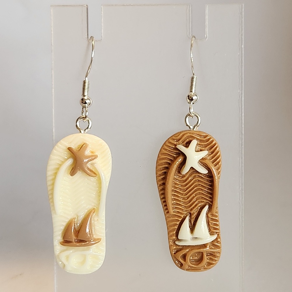 Nautical Flip Flop Dangle Earrings Tan Cream Starfish Sailboat Beach Summer 2"
